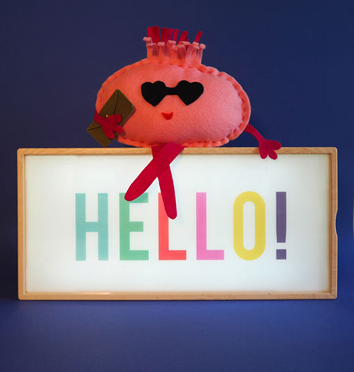 A handmade softly sitting on a hello sign
